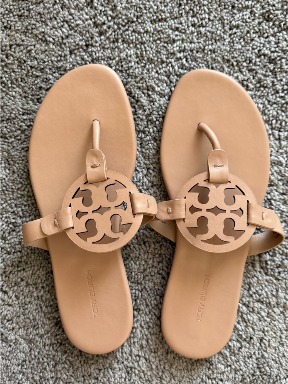 Tory Burch Tan Leather Logo Cutout Thong Sandals